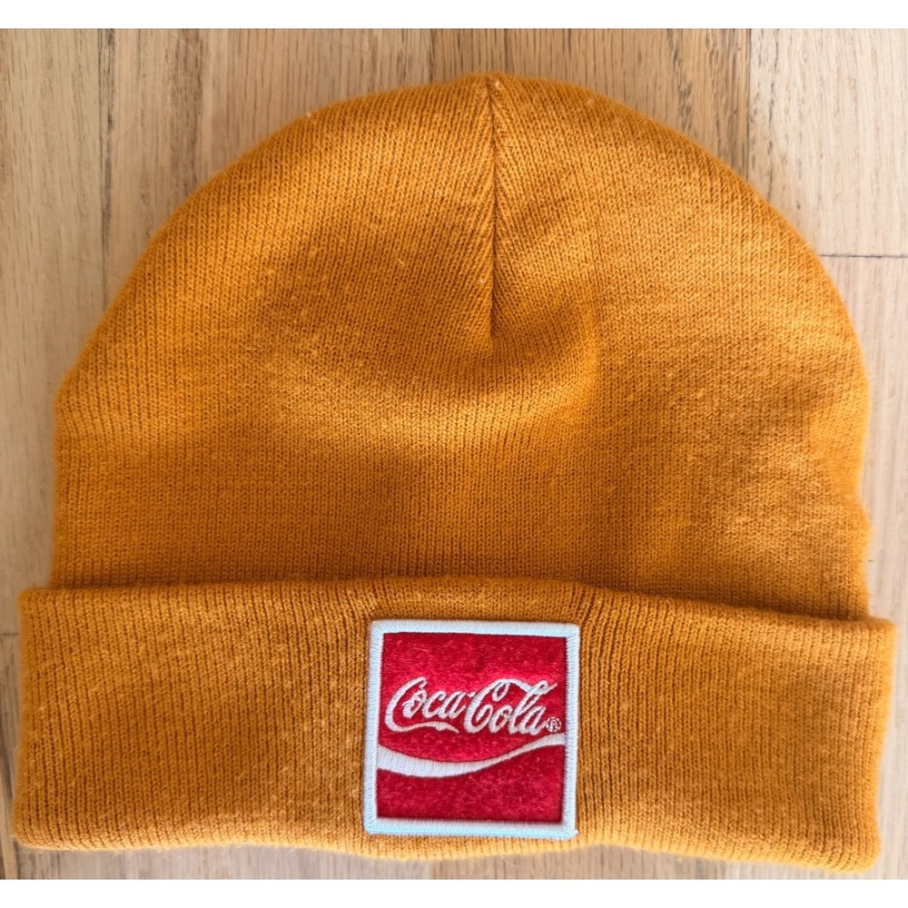Coca-Cola Beanie Hat Cap Cuffed One Size Logo Gold Acrylic